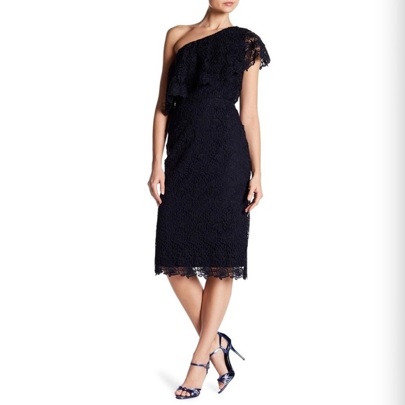 Nanette Lepore One Shoulder Lace Crochet Sheath Dress Navy Blue Midi 2 NWT - Picture 1 of 8